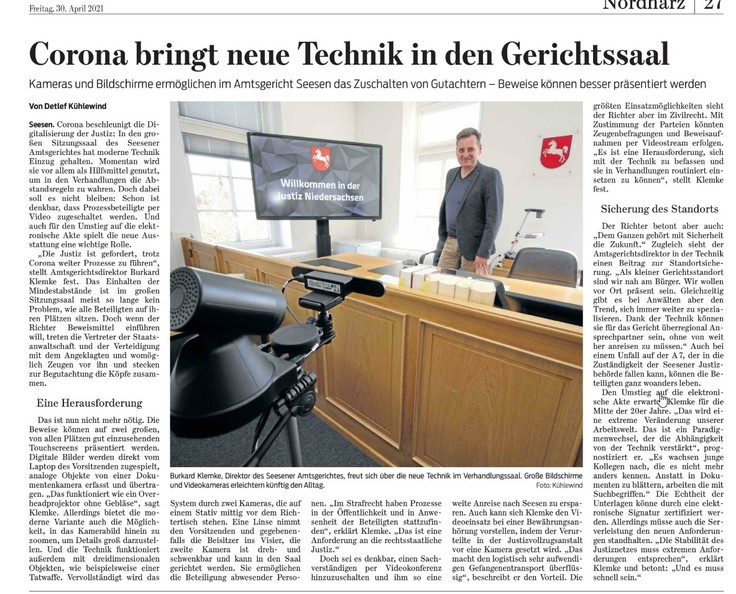 Zeitungsartikel Goslarsche Zeitung über Technik im Gerichtssaal zu Coronazeiten